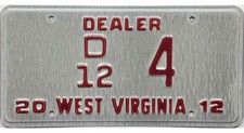 *99 CENT SALE* 2012 West Virginia DEALER License Plate #4 WITH REG No Reserve
