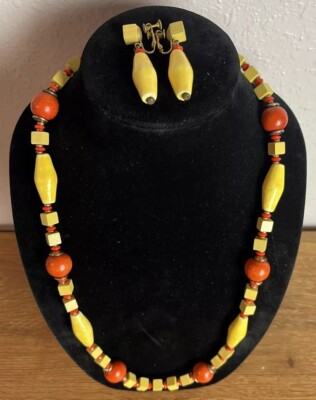 RARE Signed Miriam Haskell  Wood/Ceramic Beaded Necklace & Screw Back Earrings