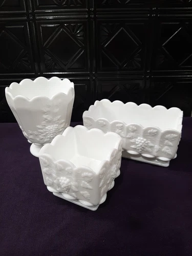Vintage Westmoreland Milk Glass Vase & 2 Planters, Paneled grape, Large & Heavy