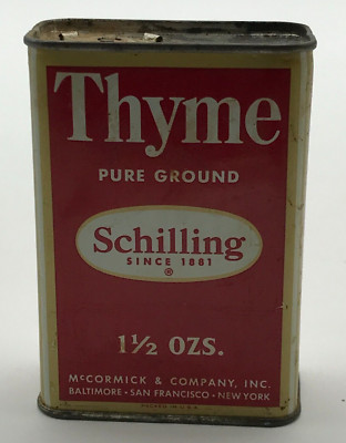 Vintage 1950s Schilling Thyme 1.5 oz ~3/4 full spice tin white lettering
