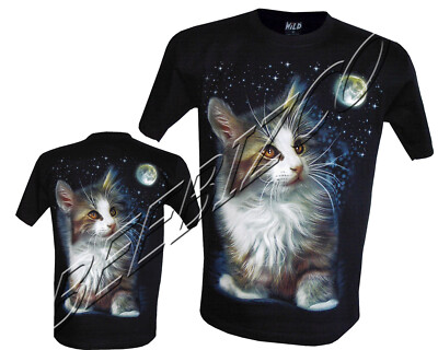 Kätzchen Katzen süßes Tier Mond Katze 100 % Baumwolle T-Shirt, Druck vorne & hinten M-3XL