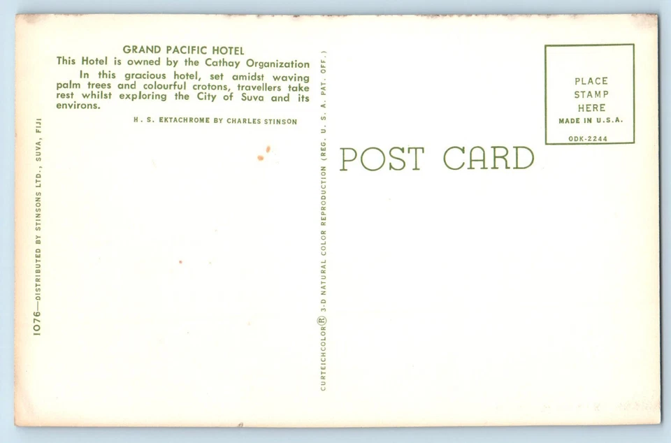 Suva Fiji Postcard Grand Pacific Hotel Owned By Cathay Organization c1950's - Image 2 of 2