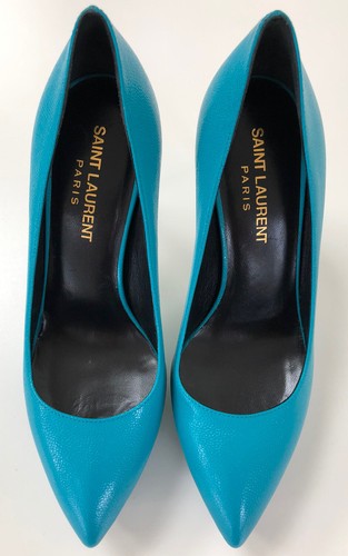 New YVES SAINT LAURENT 34.5 Janis Pebbled Leather Platform Heels Pumps Turquoise - Picture 3 of 10