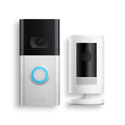 Ring Battery Doorbell Smart Wi-Fi Video Doorbell with Stick Up Cam Battery White