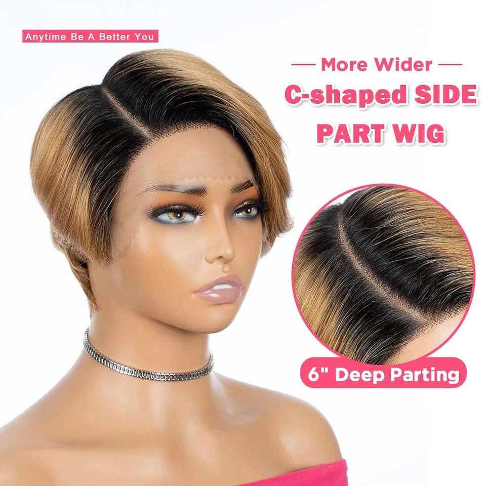 Pixie Corto 100% Cabello Humano, Parte Lateral, Encaje HD, Ombre Natural a Rubio Miel Foto 2 de 4