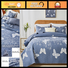 King Size Quilt Set - White Butterfly Botanical Blush Grey Bedding, 3PC Lightwei