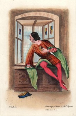 1840 COSTUME FROM REIGN OF KING RICHARD III antique hand colored print 9x12 U.K.
