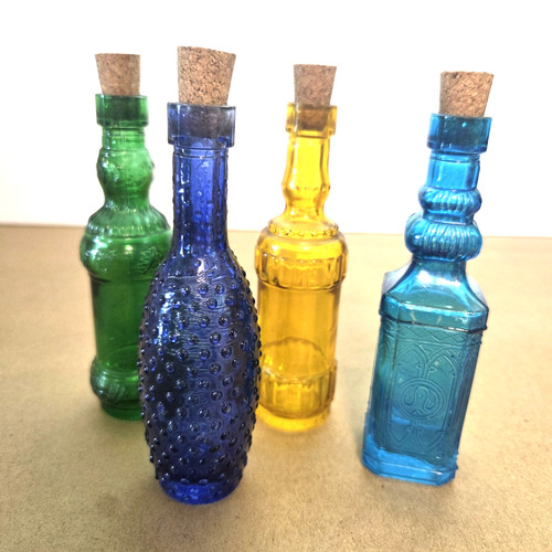 Set Of 4 Miniature 5" Glass Bottles w/ Corks Yellow Blue Cobalt Green