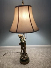 L F Moreau Boy With Fishing Pole - “The Duck Fisherman” 3-way Lamp - Nice Cond.