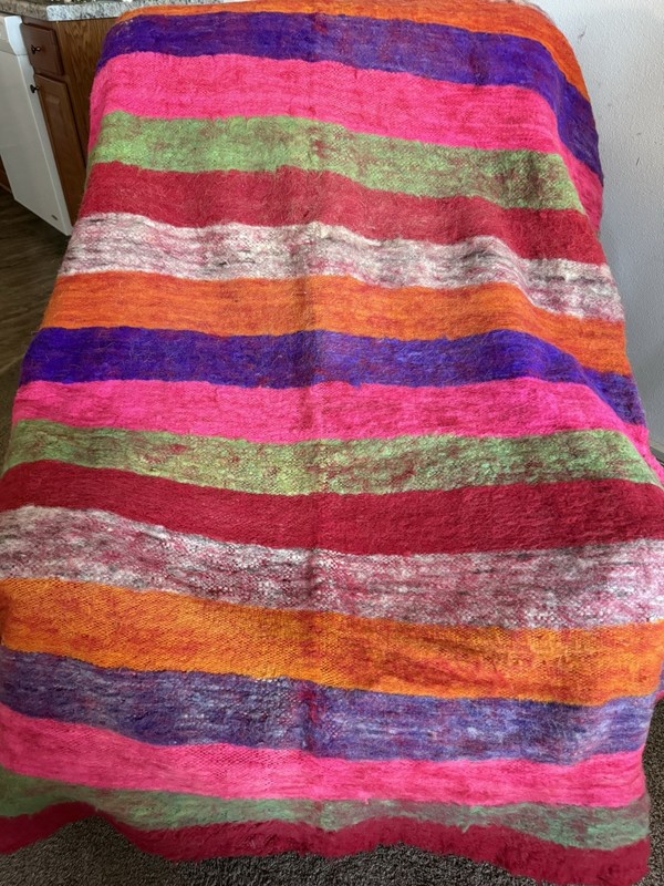100% Vintage South American Angora Wool Striped Blanket Throw Gorgeous - 79 X 50