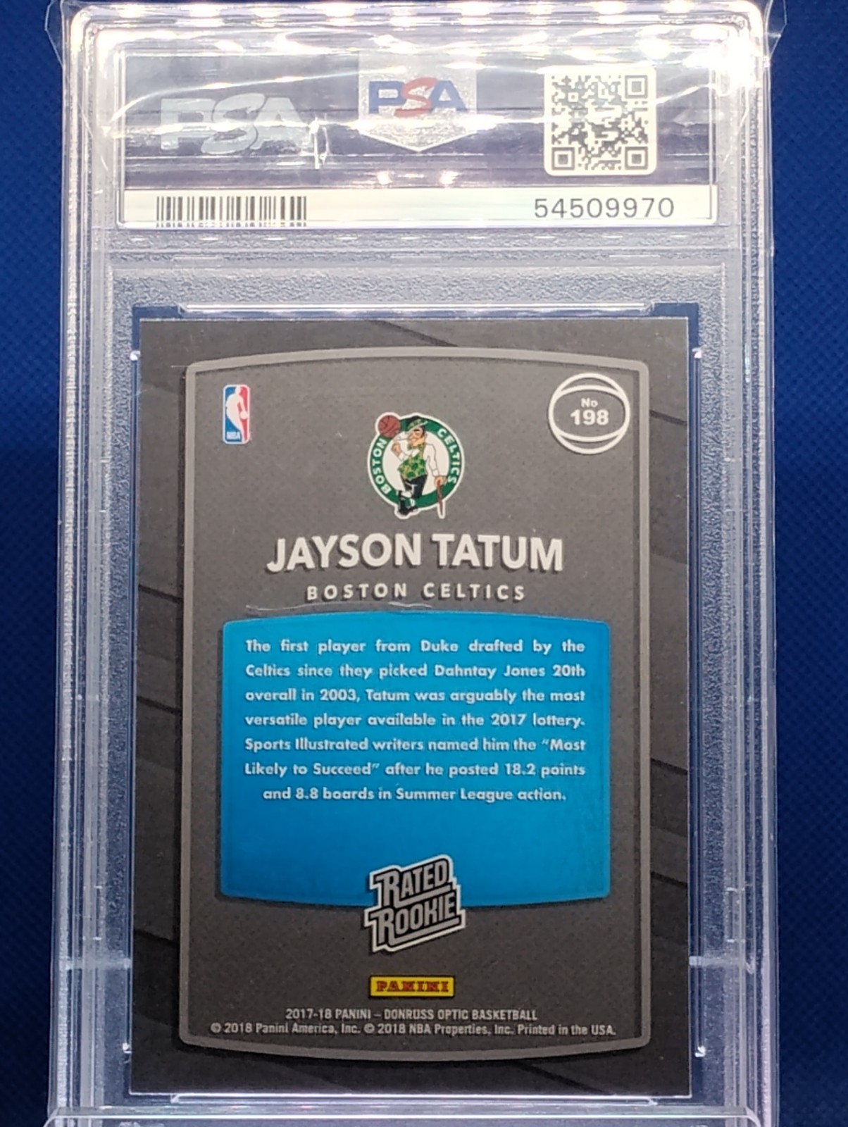 JAYSON TATUM 2017-18 Panini Donruss Rated Rookie RC #198 - PSA 8 CELTICS view 3