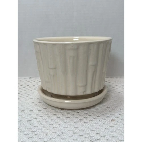VTG MCCoy Pottery Planter Pot # 0373 With Saucer Textured Bamboo Style Cream USA