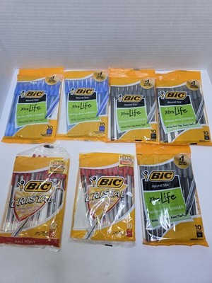 BIC Ballpoint Pens Lot of 7 Packs Round Stic Xtra-Life & Cristal Assorted