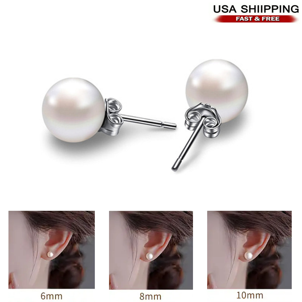 925 Sterling Silver CZ Stud Earrings Cubic Zirconia Women Pearl Jewelry Gift US