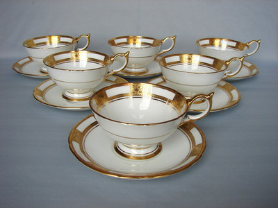 Set of 6 Aynsley EMPRESS WHITE Wide Mouth Cups & Saucers Gold Encrusted (Set B)