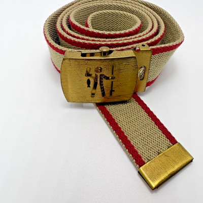 Vtg Avon Red Canvas Tan Edge Belt Brass Cut-Out Fishing Buckle  (46'') Retro Gift