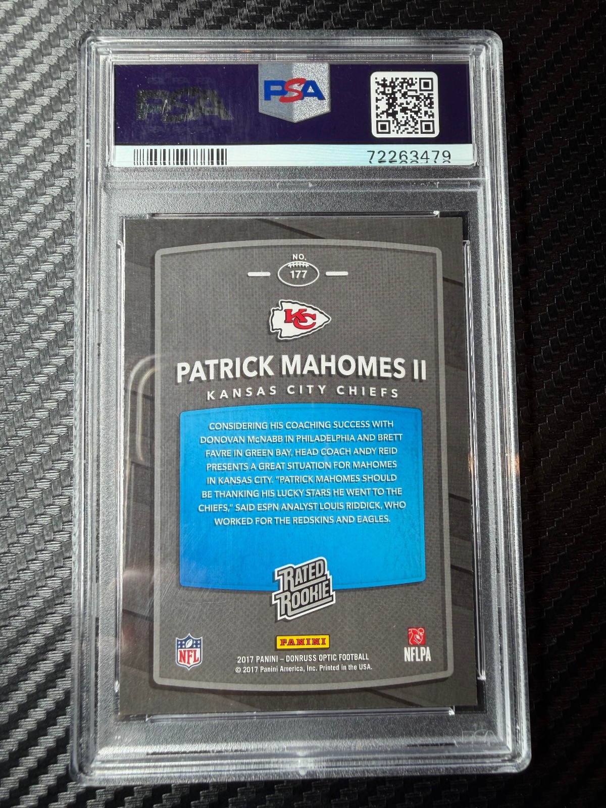 2017 Donruss Optic Rated Rookie Patrick Mahomes #177 PSA 9 view 2