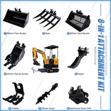 Mini Excavator 8-in-1 Attachment Kit | Buckets, Rake, Ripper, Auger,Grabber,Pins