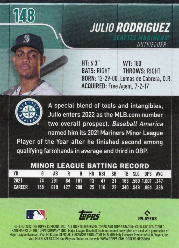 2022 Topps Stadium Club Sepia Julio Rodriguez #148 Rookie RC - Image 2 of 2