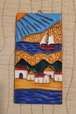 VTG Wall Hanging Tile Greece Seaside Scene Ce...