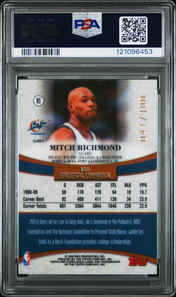 MITCH RICHMOND 1999-00 Topps Etiqueta Dorada Clase 1 Rojo 041/100 PSA 9 Como Nuevo (Pop 1) Foto 2 de 3