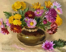 Still life Autumn Flowers Chrysanthemums in ceramic vase Original Oil Painting