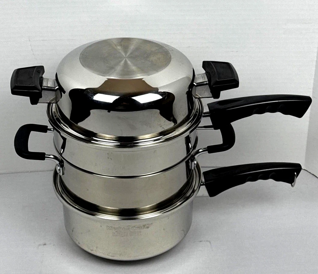VTG West Bend Kitchen Craft 4 Piece Stainless 9" Double Steamer Pots & Pans Set