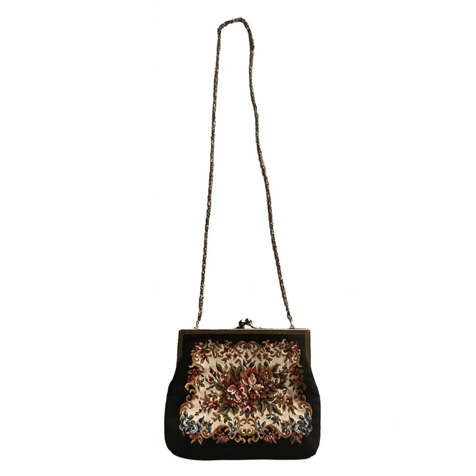 Bolso sin asas vintage 1950 WALBORG tapiz de punta de aguja bolso broche de beso con cadena Foto 2 de 4