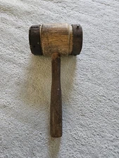 Primitive Hand Made 1900 Wooden Mallet Steel Rings Colonial Theme Original