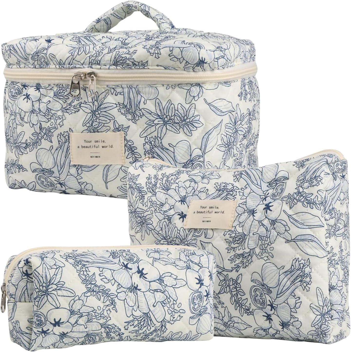 Borsa per Trucchi Floreale in Cotone Trapuntato | Set 3 Beauty Case Donna