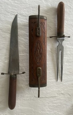 Vintage Hand-Carved Indian 3 pc. Cutlery Set -  With Wood/Brass Locking Sheath