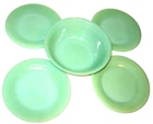 Jadeite Fire King Ribbed Salad Serving Bowl 8 1/4" + 4 Desert / Side Plate 7 3/4