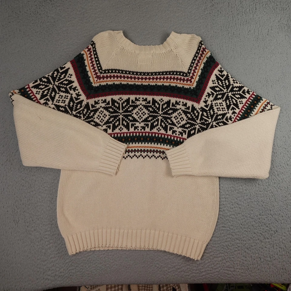 Tommy Hilfiger Sweater Mens XL Cream Fair Isle Snowflake Cable Knit Crewneck 90s - Image 2 of 4