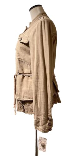 FREE PEOPLE NWT Khaki Linen Cropped Jacket S Laced-Trim Button Belted $148 - Picture 4 of 7