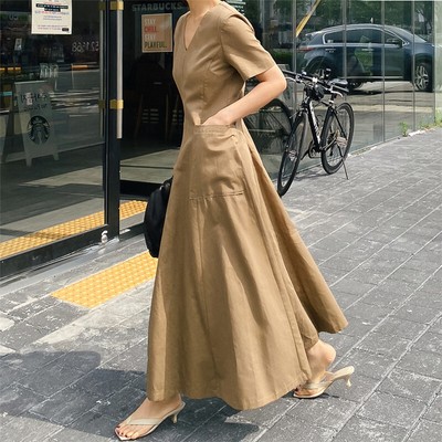 A-line Long Fashion Casual V Neck Summer Short Sleeve Cotton Basic Dress Womens