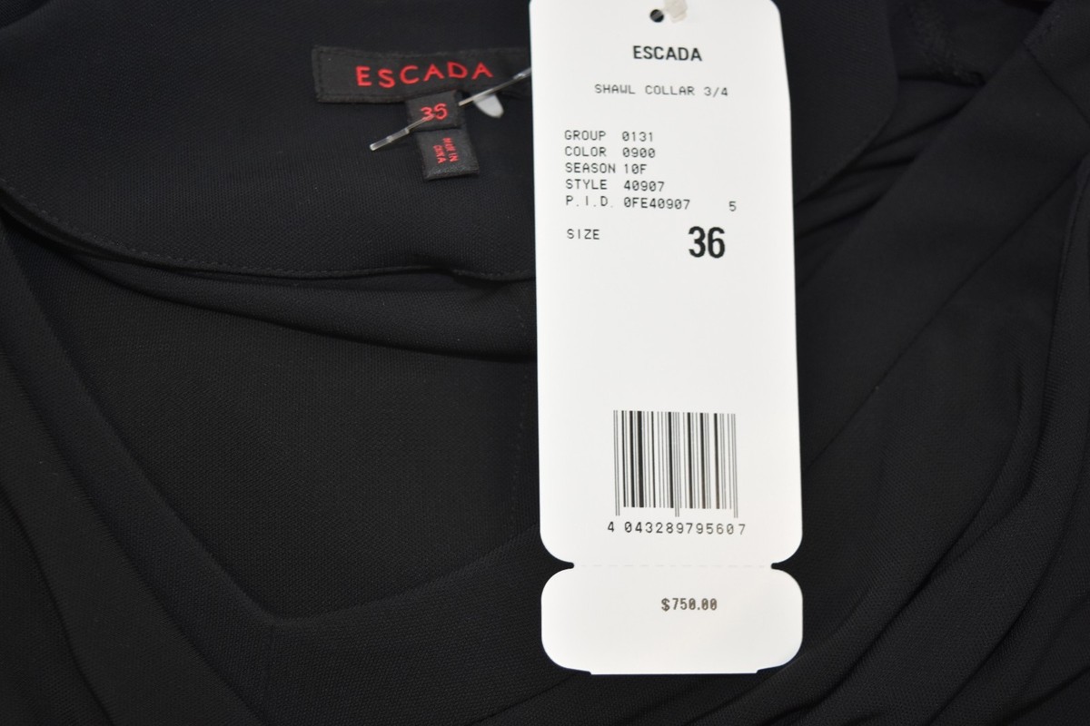 Robe Midi ESCADA à Col Châle - Noir, Viscose Stretch, Taille 36, Neuve Avec étiquettes