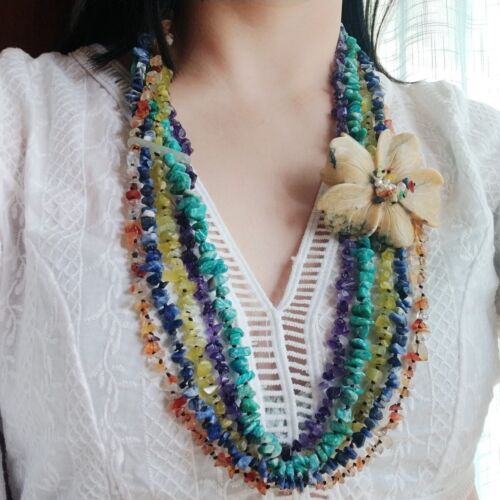 Stone Long Necklace Amazonite Amethyts Sodalite Agate Big Flower Necklace 82cm - Picture 1 of 9