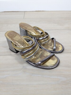 Farm Rio Metallic Gold Block Heel Slide Sandals High Heels US Strappy  FLAW