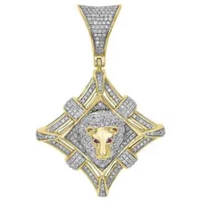 14K Yellow Gold FN Diamond Lion Head Statue Medallion Pendant  Charm 1 CT.