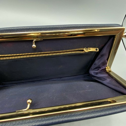 Vintage 60s Faux Leather Dark Blue Clutch Side Opening Kiss Closure - Picture 7 of 8