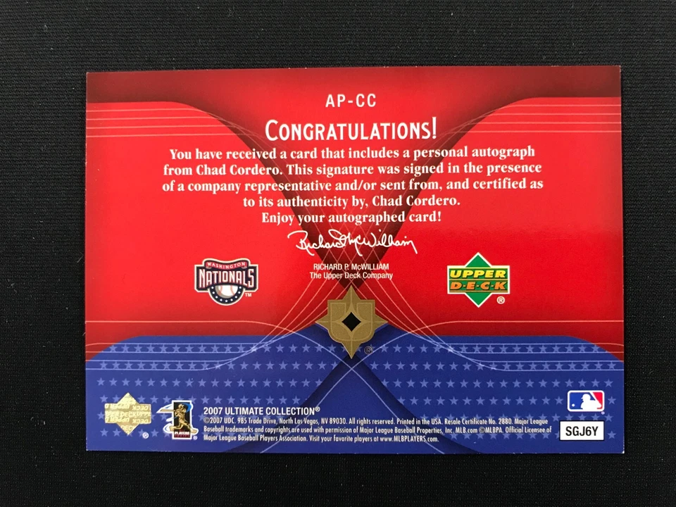 2007 Ultimate Collection #CC Chad Cordero America's Pastime Signatures Nationals - Image 2 of 2