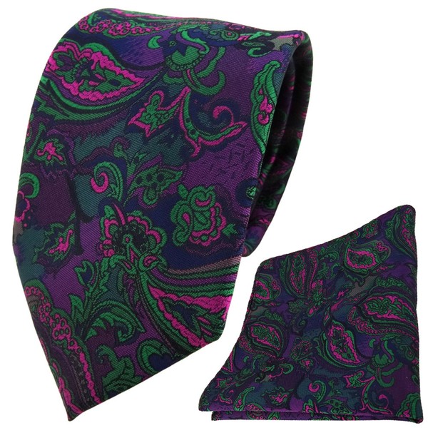 Tigertie Designer Krawatte +Einstecktuch Lila GrüN Marine Pink Paisley Gemustert-image