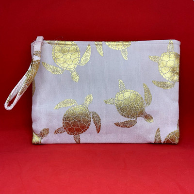 Turtle Wristlet Tote Pouch Purse Make-up Bag Gold Foil Turtles 7''x10'' Zippered