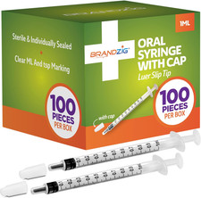 1Ml Syringe with Cap 100 Pack  Oral Dispenser without Needle, Luer Slip Tip,