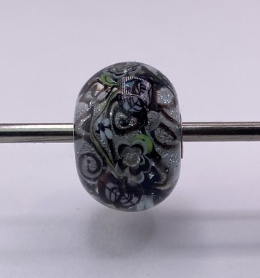 Mandy Ramsdell Artisan Glass Bead Black Floral Glitter Sterling Core New