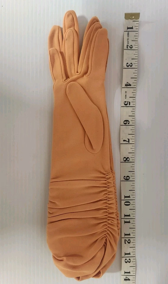 "Guantes largos acanalados de nailon melocotón Van Raalte vintage nuevos con etiquetas 14""" Foto 4 de 4