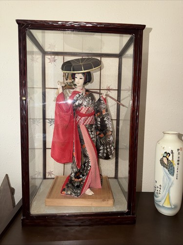 Authentic Vintage Japanese Geisha Doll + 21” Display Glass Case + Accessories