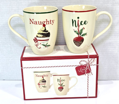 Lenox Mugs Naughty and Nice Set Christmas Holiday Holly Boxed Set of 2