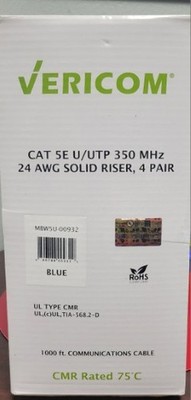 Vericom CAT 5E U/UTP 350 MHz 24 AWG SOLID RISER, 4 PAIR-BLUE-NEW