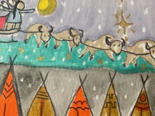 ACEO watercolor art by PJ, art card 2.5 x 3.5: Native American Santa and Buffalo